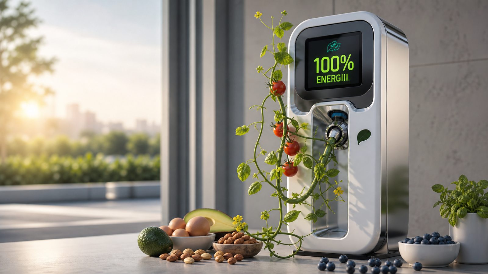 Futurystyczny dystrybutor energii z wyświetlaczem „100% energii”, otoczony pomidorami, awokado, jajkami i orzechami