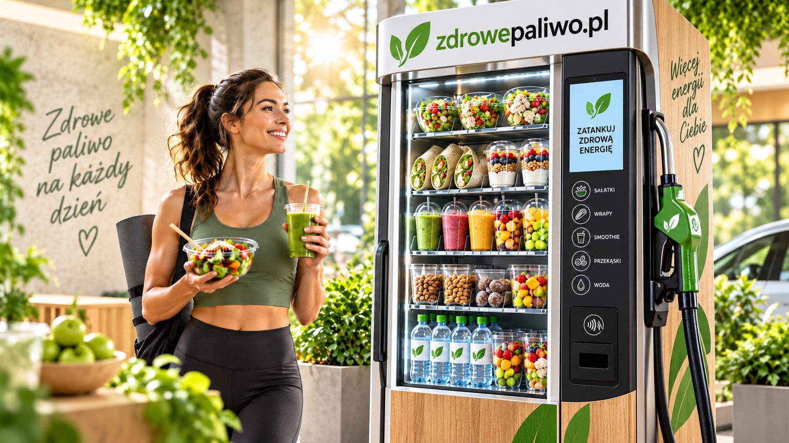 Kobieta w stroju sportowym z sałatką i zielonym smoothie przy automacie zdrowepaliwo.pl z hasłem „Zatankuj zdrową energię”